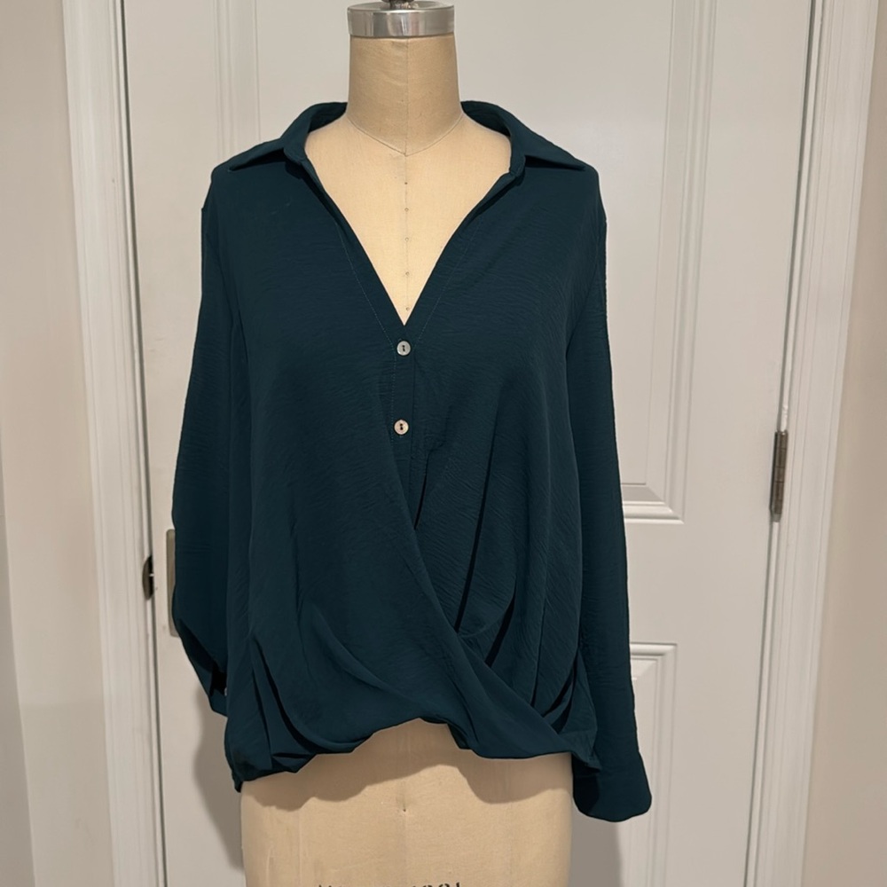 Emerald green v neck top by Chenault.